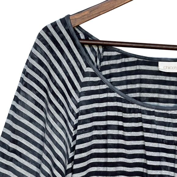 Chico's Blouse Women Size 16 Blue Striped Raglan Sleeve Stretch Bleached-Look - Picture 4 of 10